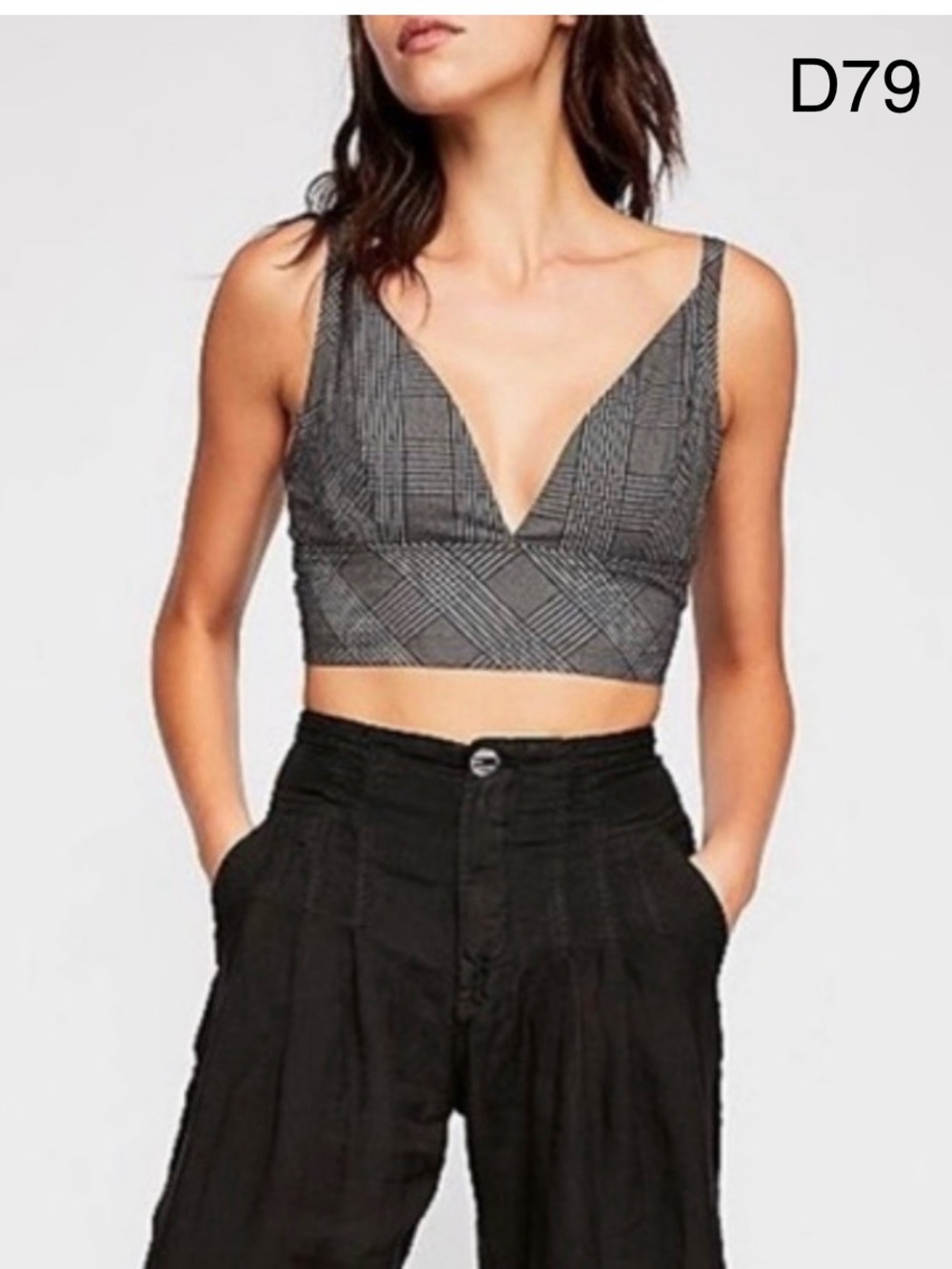 Free People Gray Plaid Deep V Crop Top, Size XS